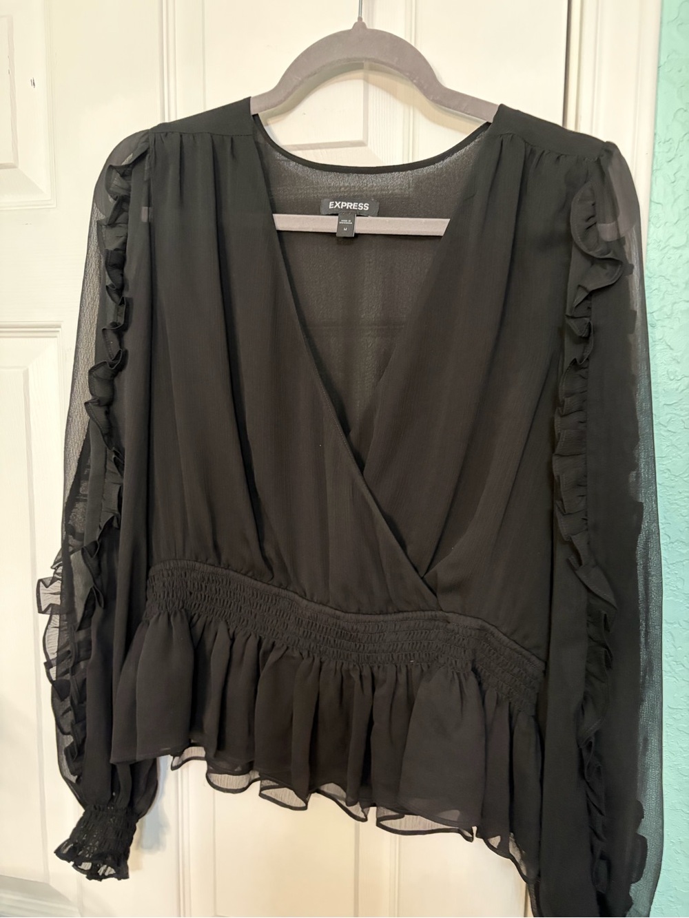 Express Black Sheer Ruffle Wrap Blouse